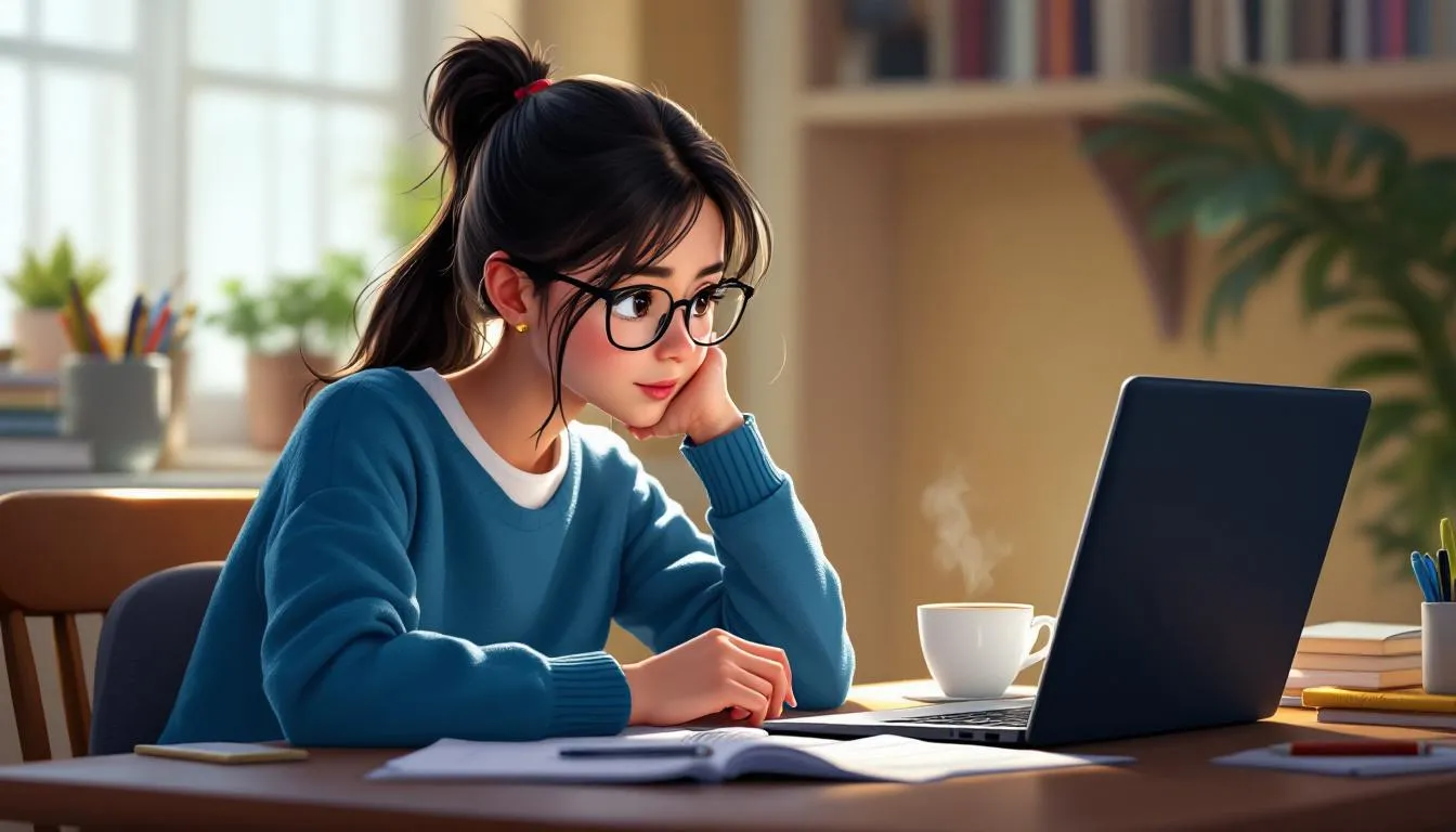 Una niña está sentada frente a su computadora, concentrada en sus lecciones de gramática en inglés, mientras estudia diferentes temas y ejercicios. La escena refleja el aprendizaje de idiomas y el uso de recursos educativos.