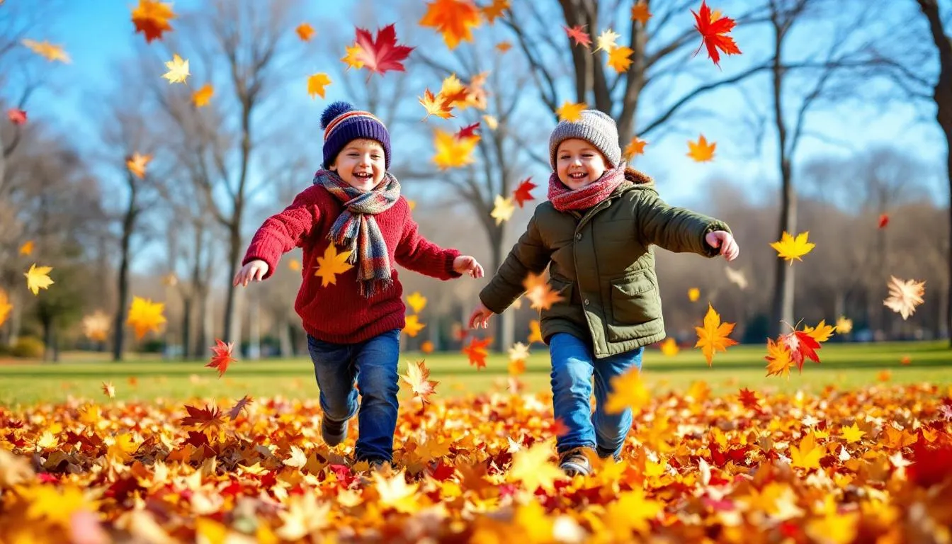 Dos niños juegan alegremente en un paisaje otoñal, lanzando hojas de árboles caídas al aire mientras disfrutan de la estación de otoño