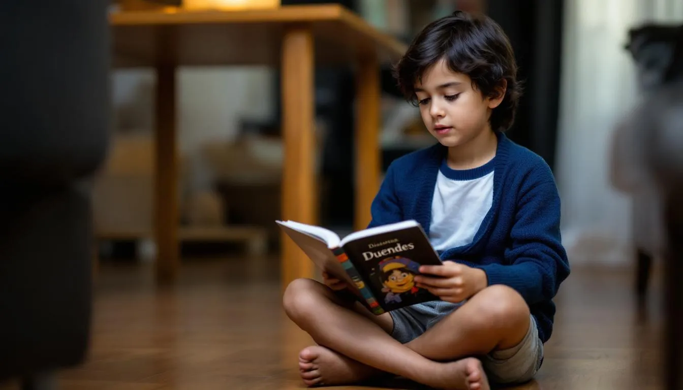 Un niño está sentado disfrutando de un libro sobre duendes