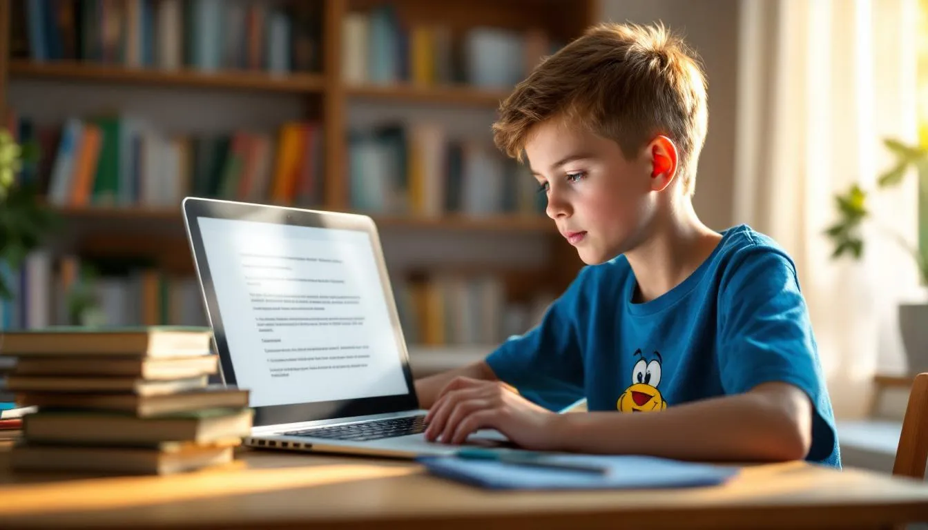 Un niño está sentado frente a una computadora, concentrado en sus estudios. En la pantalla, se pueden ver ejemplos de oraciones en inglés que ilustran la diferencia entre el past simple y el past perfect