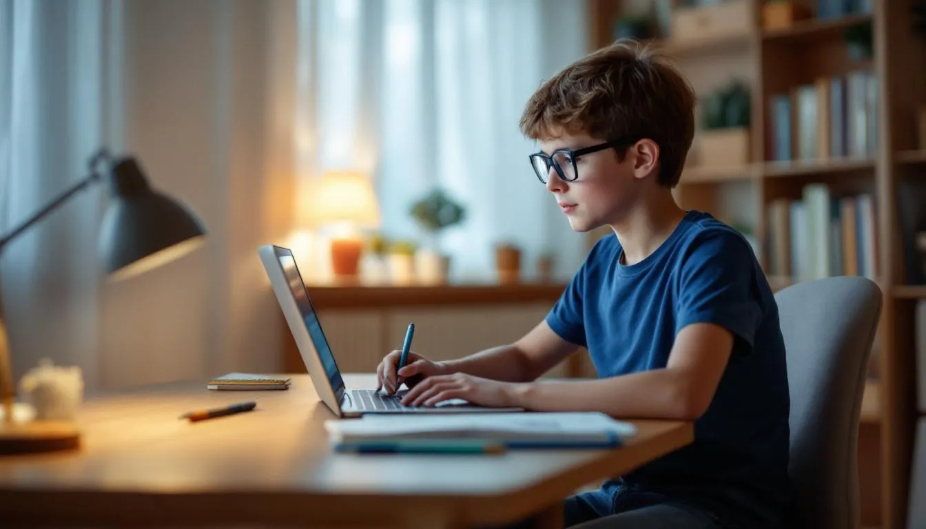 Un niño sentado frente a su computadora, concentrado en estudiar y aprender inglés a través de un sitio web. La imagen muestra un ambiente de aprendizaje, donde el niño utiliza recursos en línea para mejorar sus habilidades en el idioma