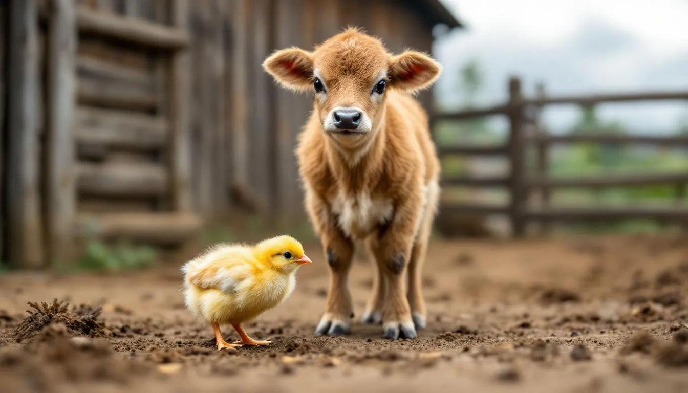 Una cría de vaca, conocida como ternero, se encuentra junto a una cría de gallina, llamada pollito, en un entorno natural del reino animal. Ambas crías representan el aprendizaje sobre los animales en inglés y español, mostrando la diversidad de formas y nombres en el mundo animal.