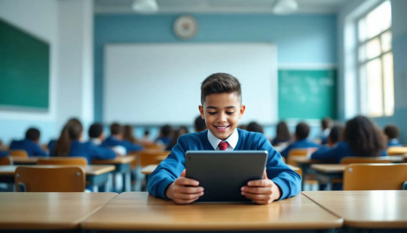 Un niño está sentado en un aula, concentrado en el uso de una tableta como herramienta de aprendizaje. Esta imagen refleja el impacto de la inteligencia artificial en la educación, mostrando cómo los estudiantes utilizan tecnología para mejorar sus habilidades y acceder a nuevos recursos