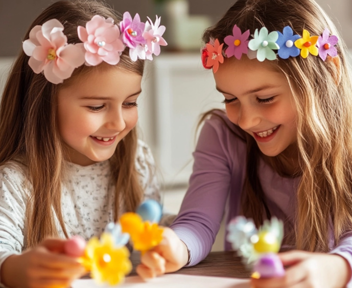 Dos niñas con una corona de Pascua.