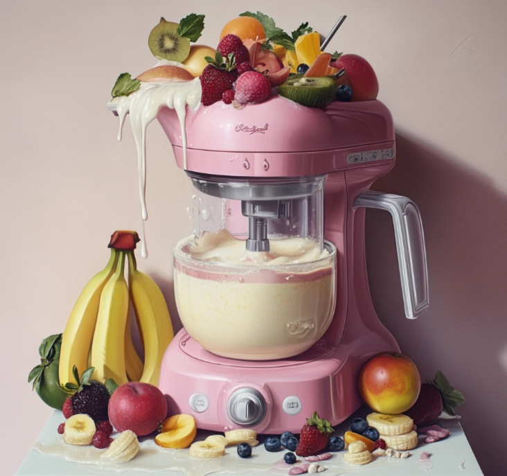 Licuadora con muchas frutas.