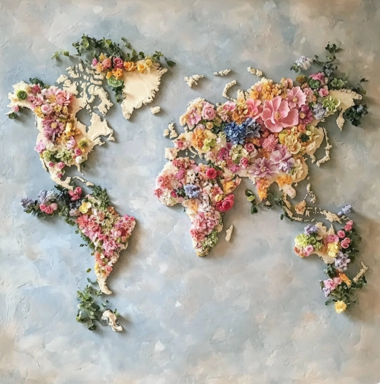 Mapa del mundo con flores.