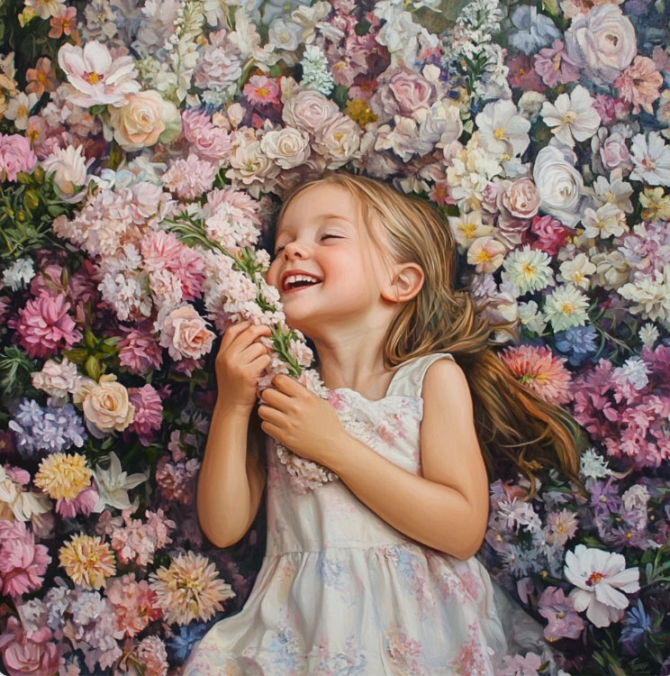 Niña rodeada de distintas flores.