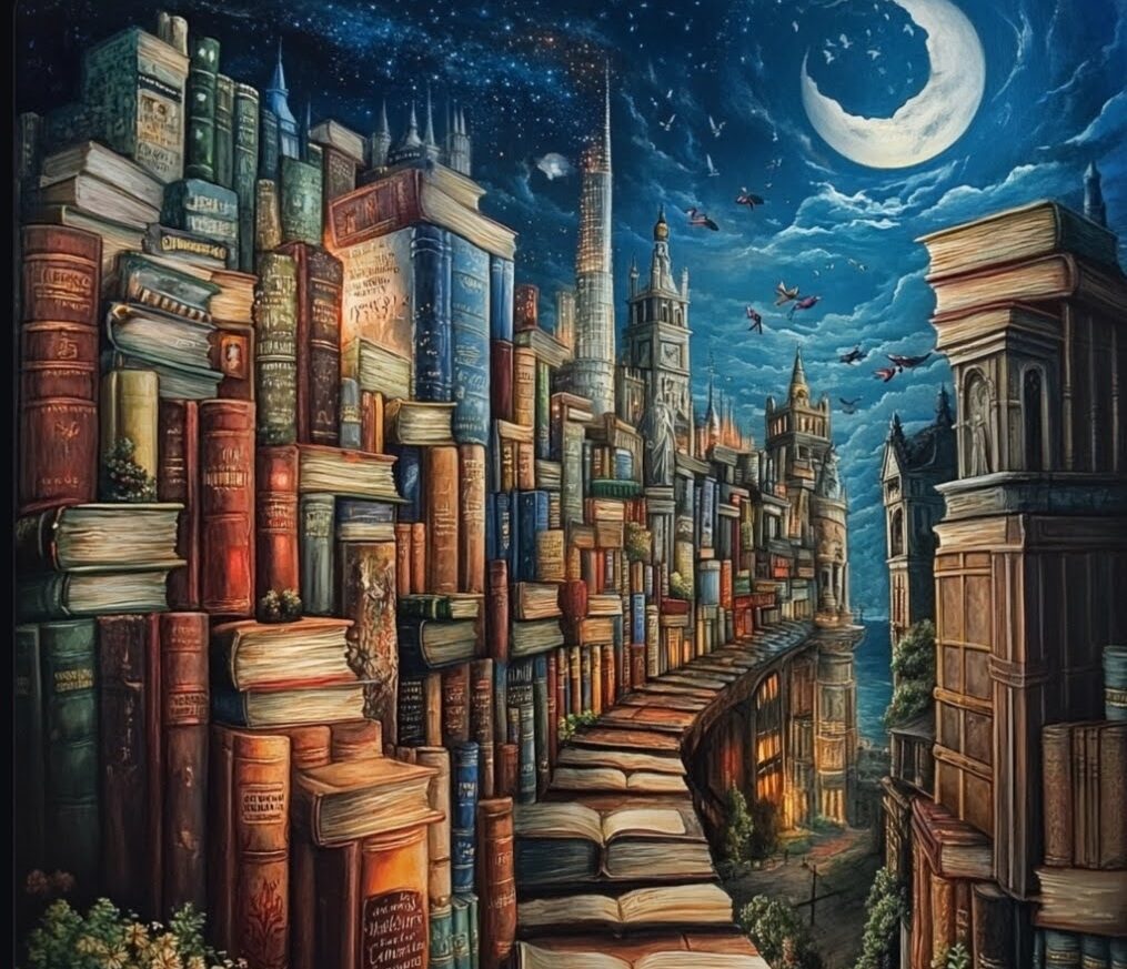 Una ciudad llena de libros y la luna de fondo