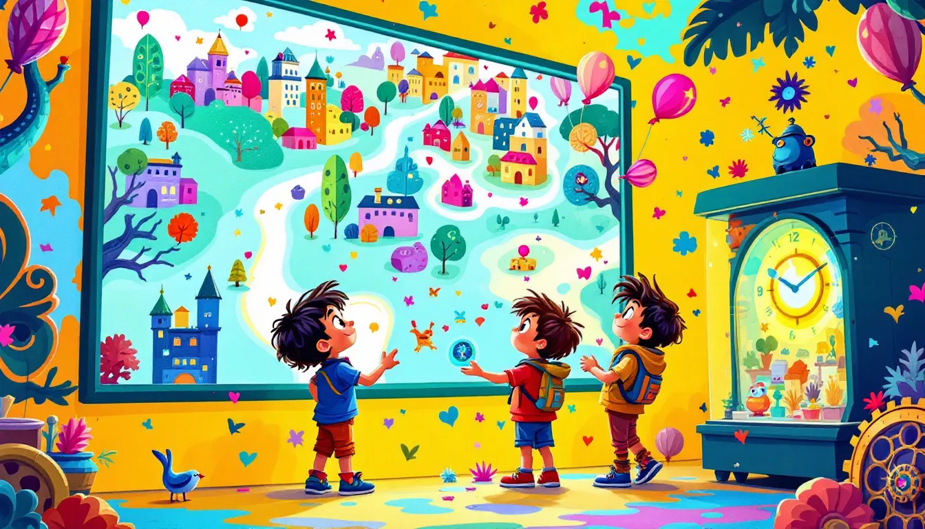 Tres niños disfrutando en un museo.