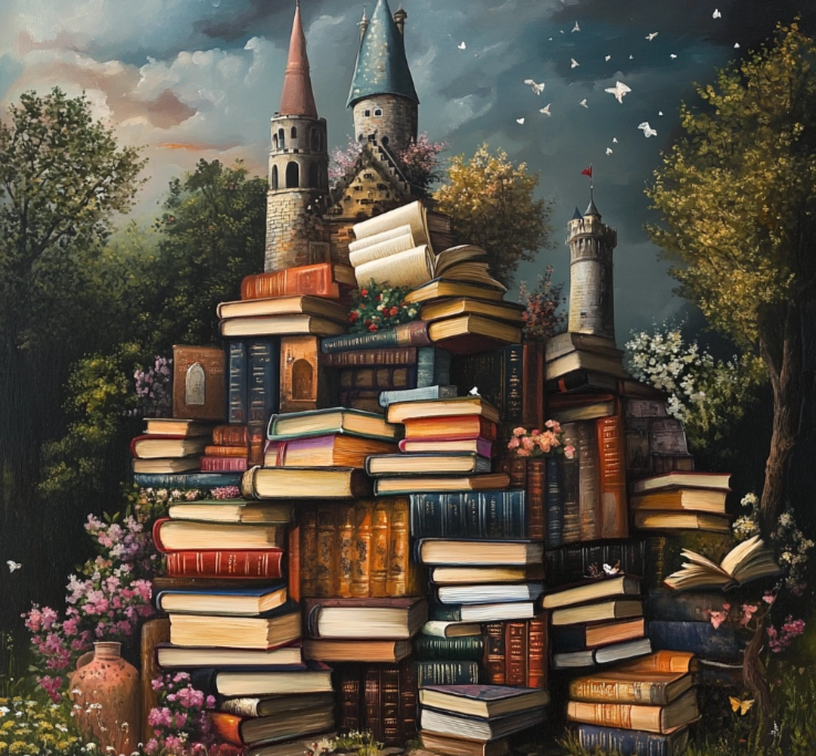 Un castillo con varios libros apilados
