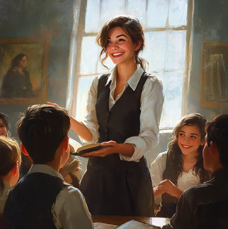 Una profesora sonriente en clase.
