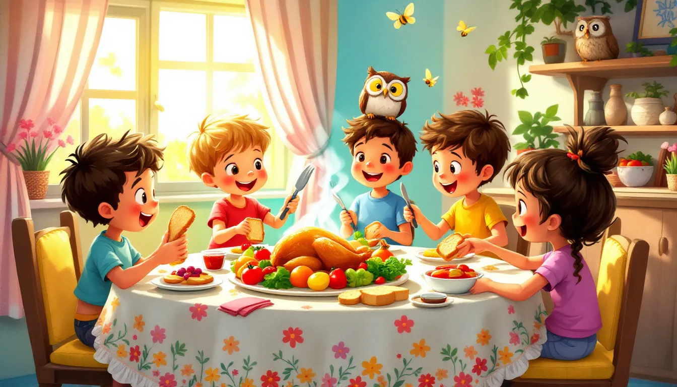 Varios niños a punto de comer un pollo asado
