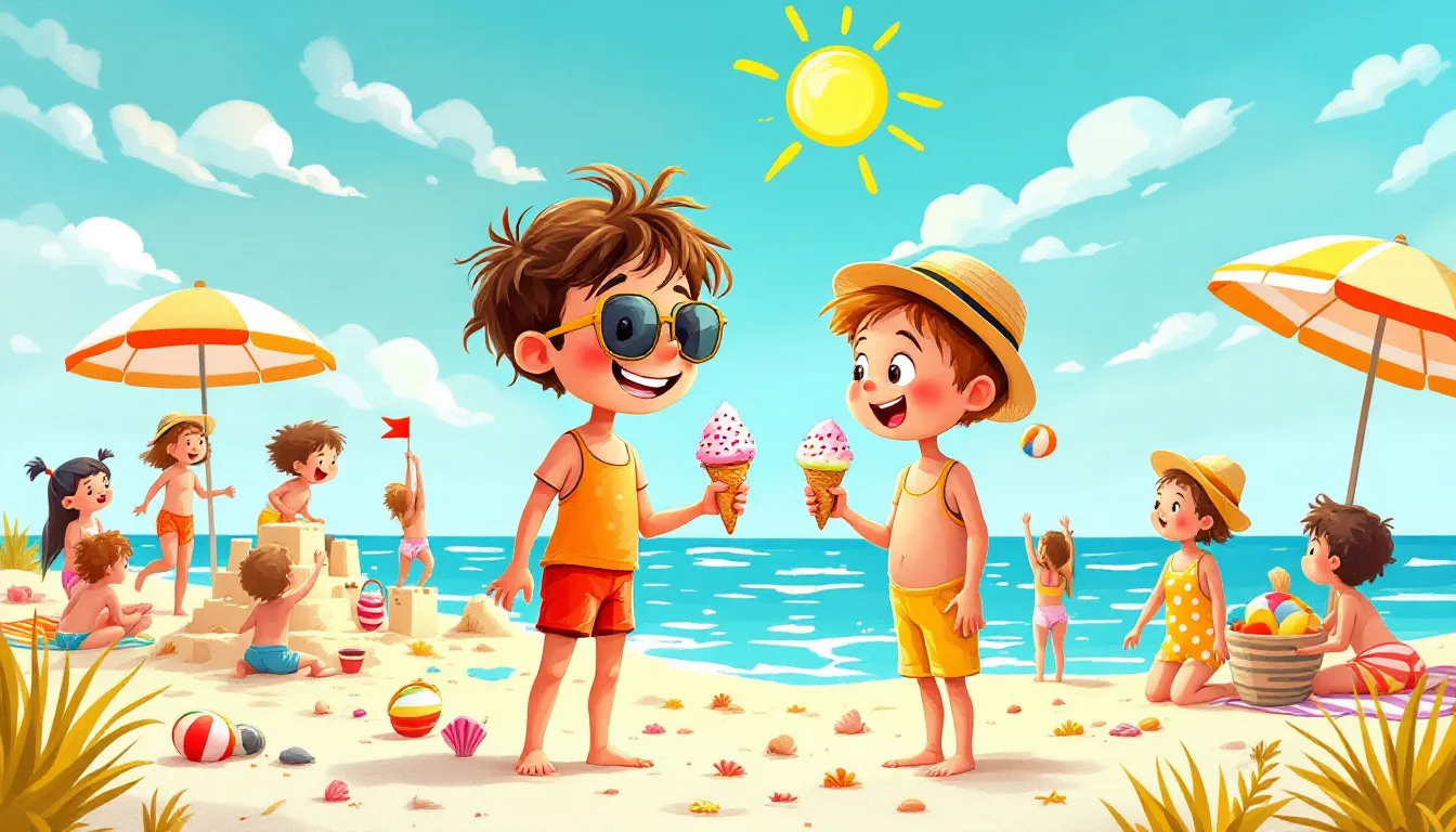 Dos niños con un helado en la playa