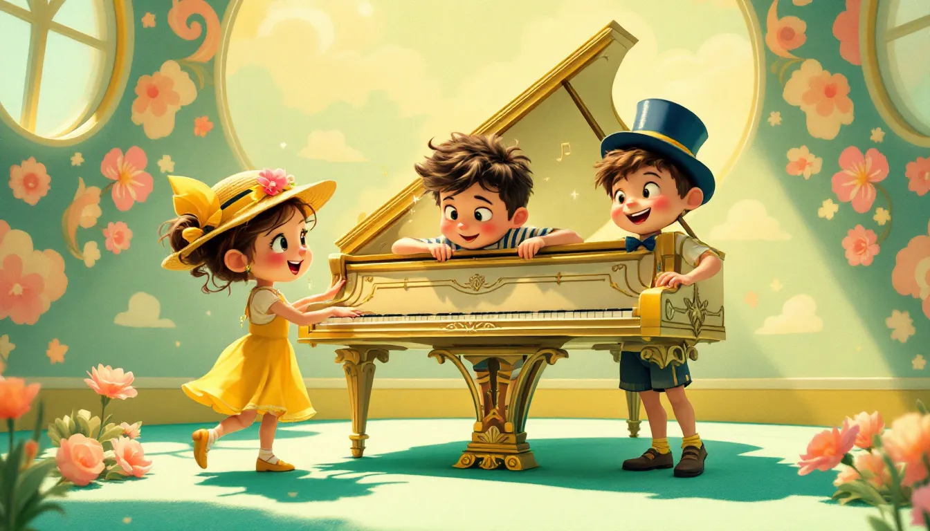Tres niños al lado de un piano sonrientes