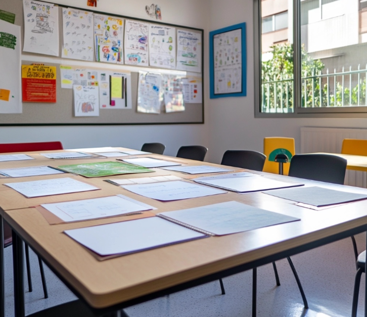 Un aula con material educativo encima de la mesa
