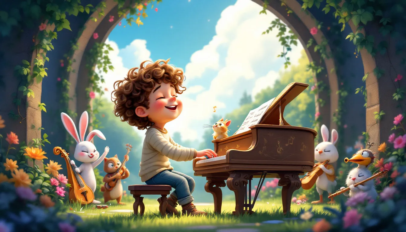 Un niño en un bosque encantado tocando el piano