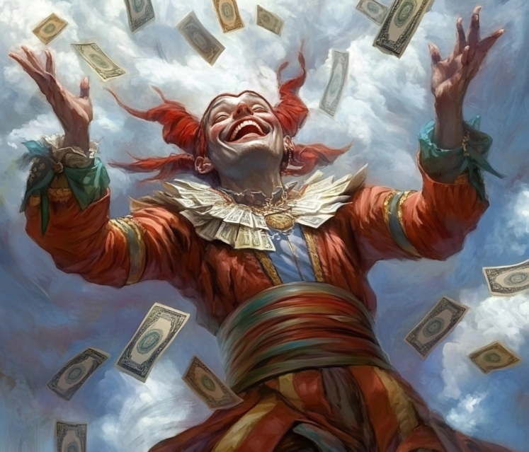 Un payaso rodeado de billetes
