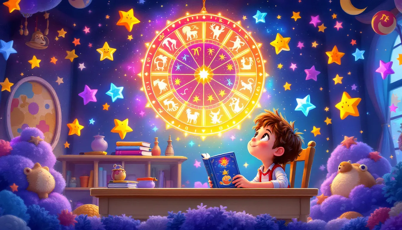 Un niño en su cuarto leyendo un libro sobre los horóscopos.