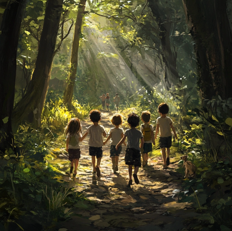 Un grupo de niños de excursión en la naturaleza.