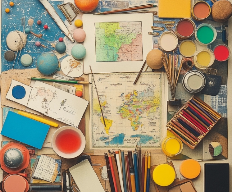 Materiales educativos como gráficos, mapas y colores