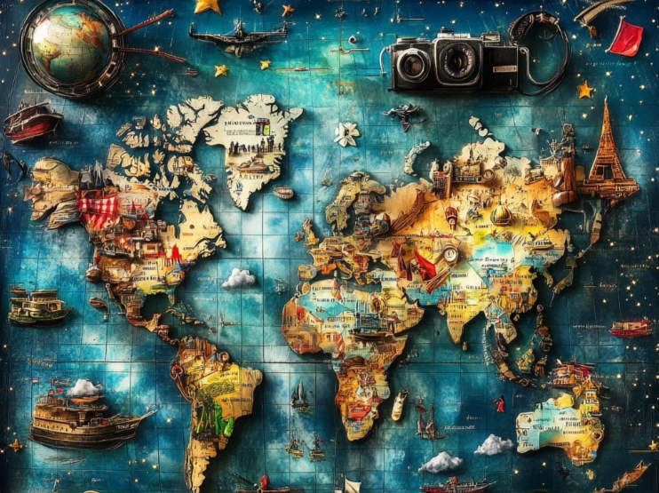 Un mapa mundial surrealista hecho de objetos de viaje