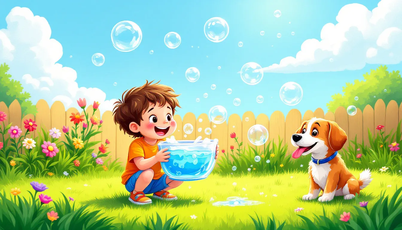 Un niño haciendo burbujas caseras con su perrito