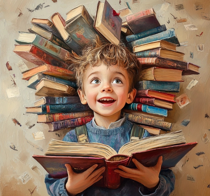 Un niño rodeado de libros de idiomas