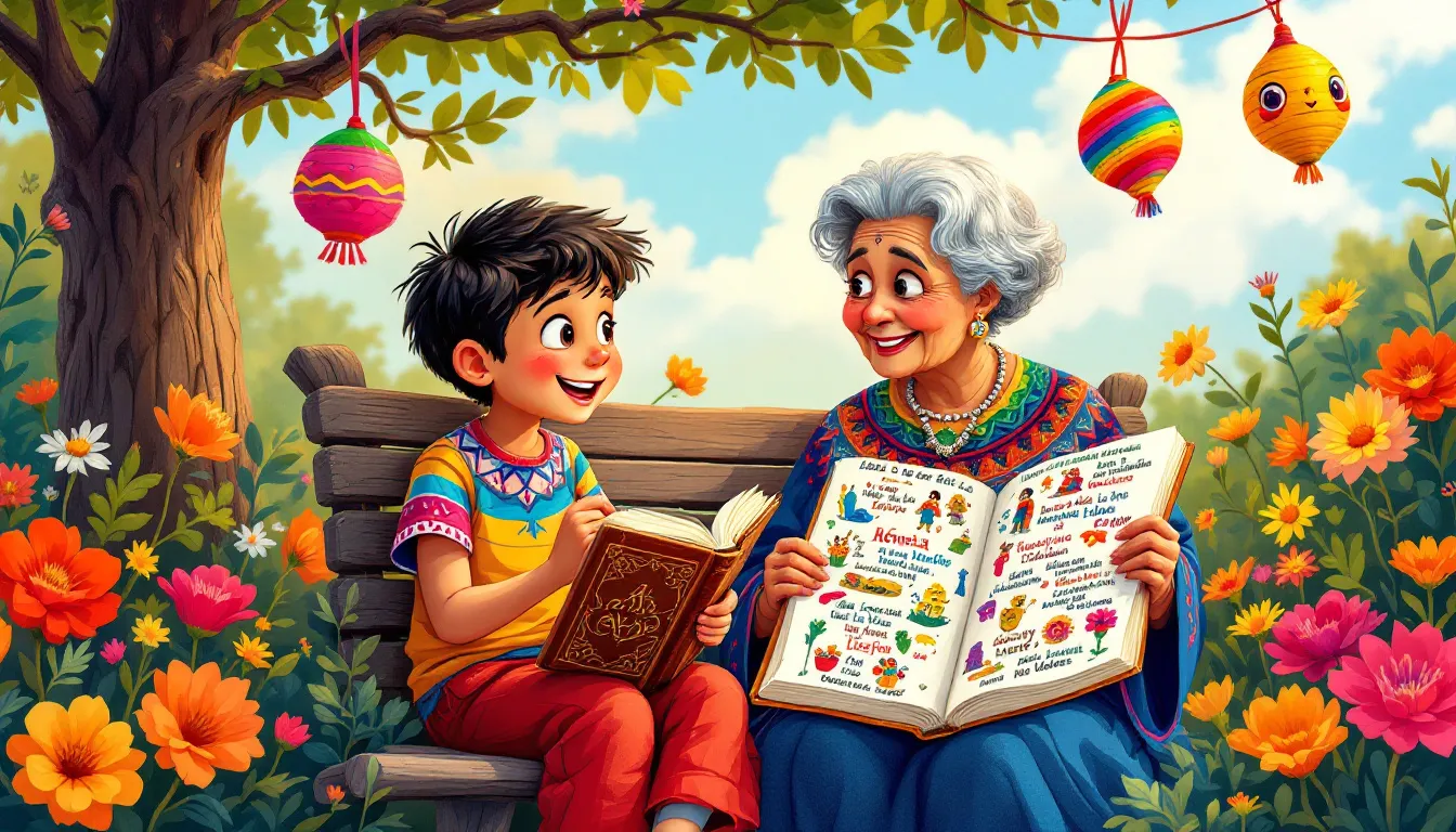 Una abuela con su nieto enseñándole un libro con refranes