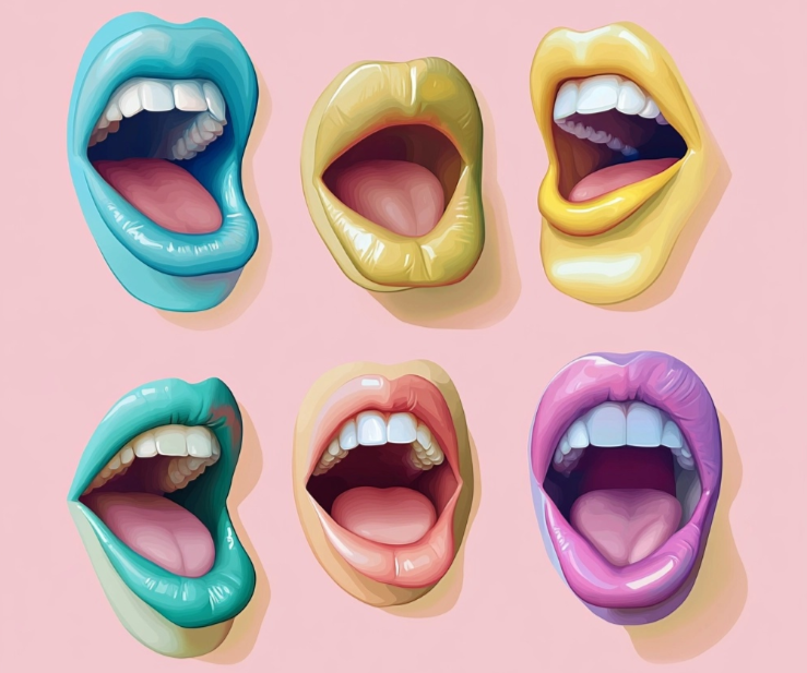 Una ilustración con cinco bocas pronunciando