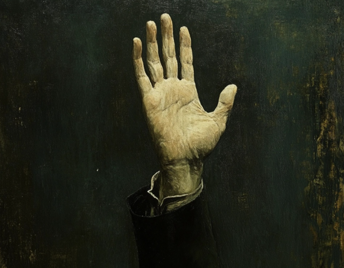 Una imagen con la mano levantada