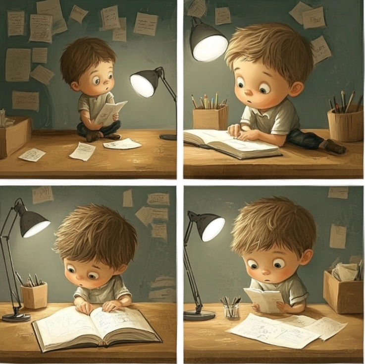 Un niño intentando escribir un ensayo.