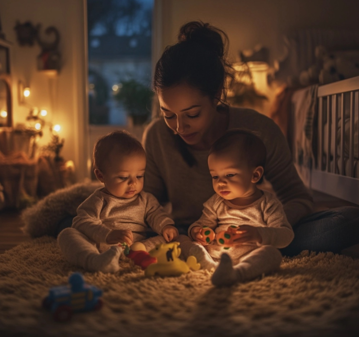 Una madre jugando con sus dos bebés gemelos.