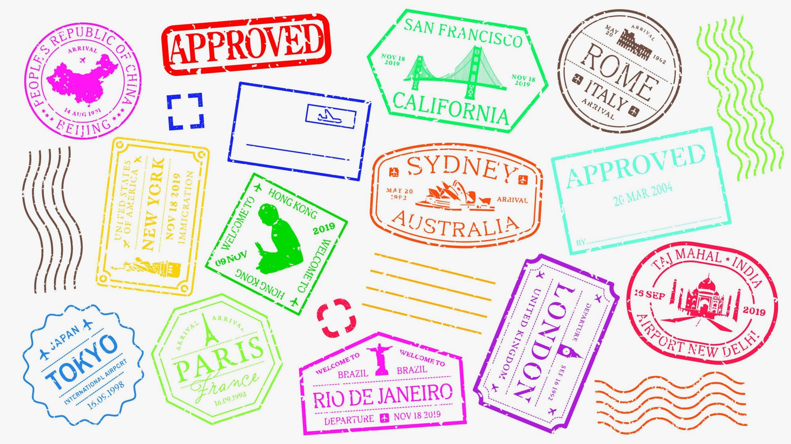 Tampons de passeport de villes du monde entier.
