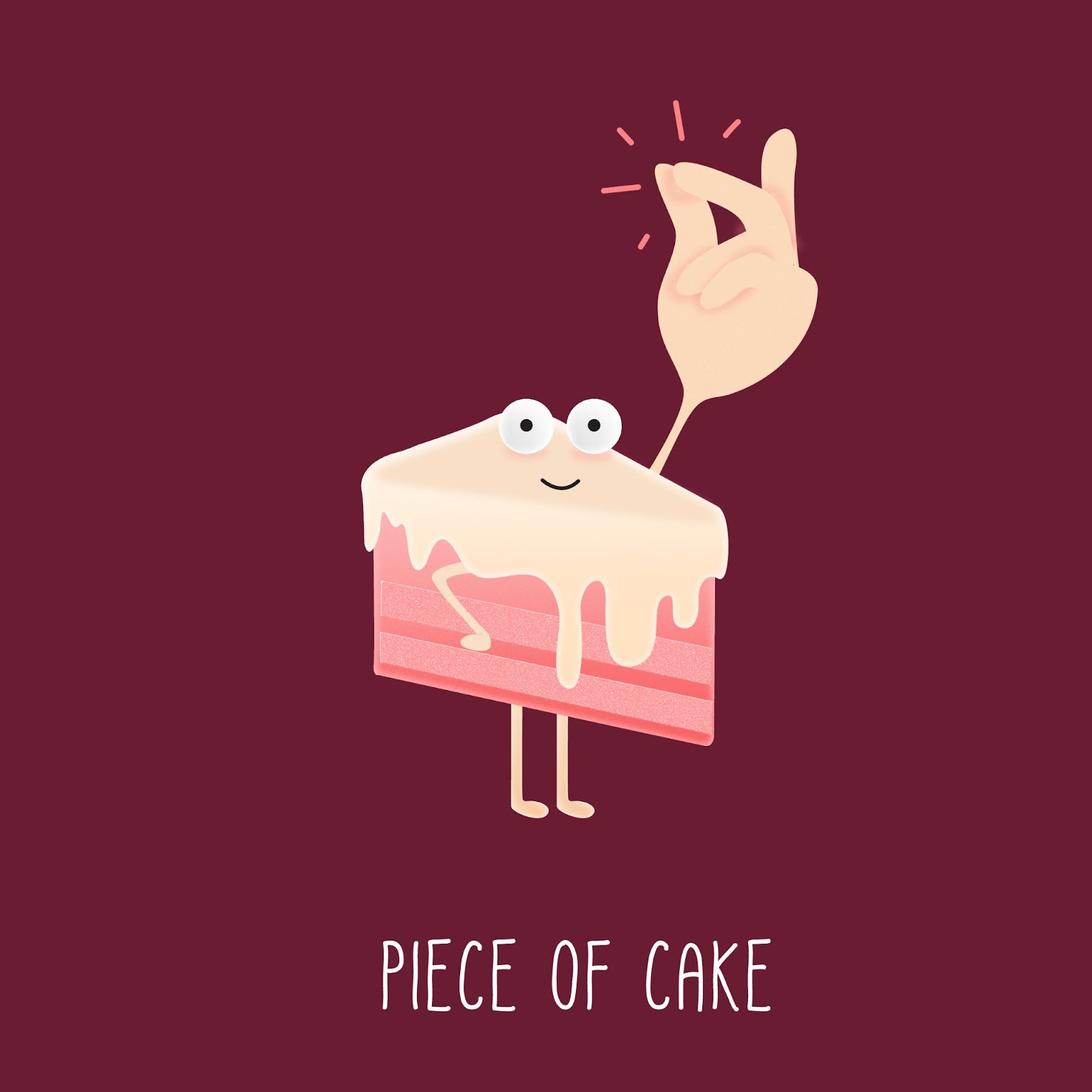 Illustration de l’expression anglaise Piece of cake avec une part de gâteau claquant des doigts.