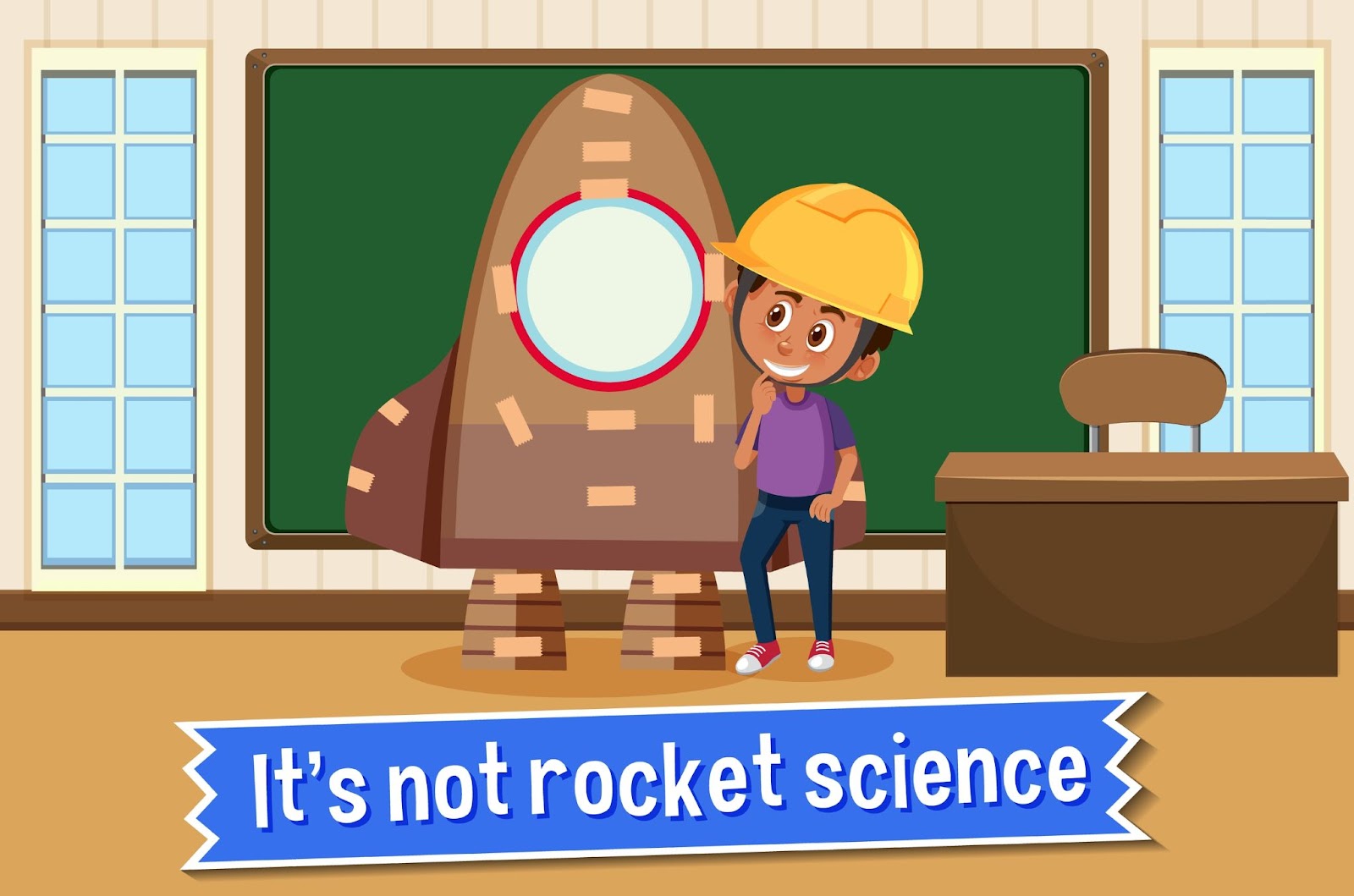 Illustration de l’expression anglaise It’s not rocket science avec un enfant devant une fusée avec un doigt sur le menton.