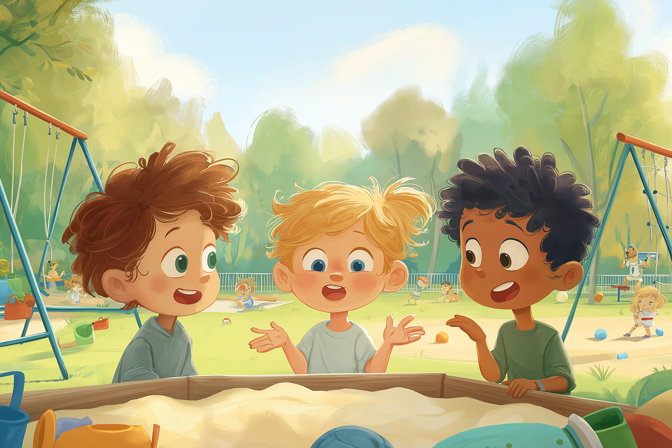 de très jeunes enfants discutent ensemble sur un terrain de jeux
