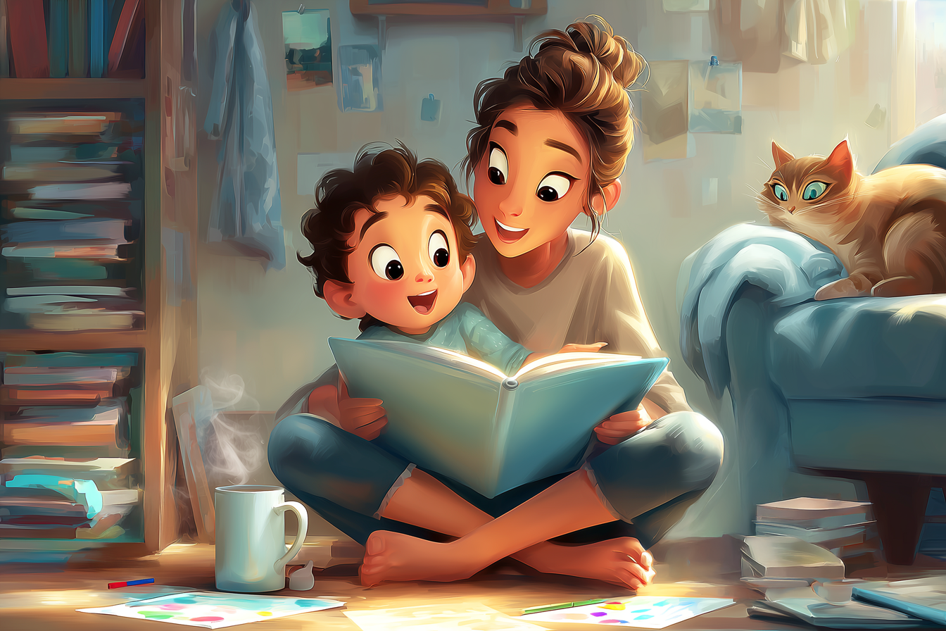 une mère lit un livre à son enfant en s'amusant