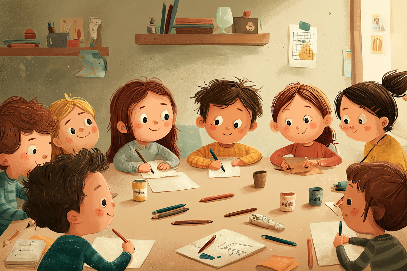Enfants faisant des activités créatives à l’intérieur, plusieurs enfants assis autour d’une table en train de peindre et de dessiner avec des crayons de couleur, feutres et feuilles, ambiance lumineuse et ludique à la maison