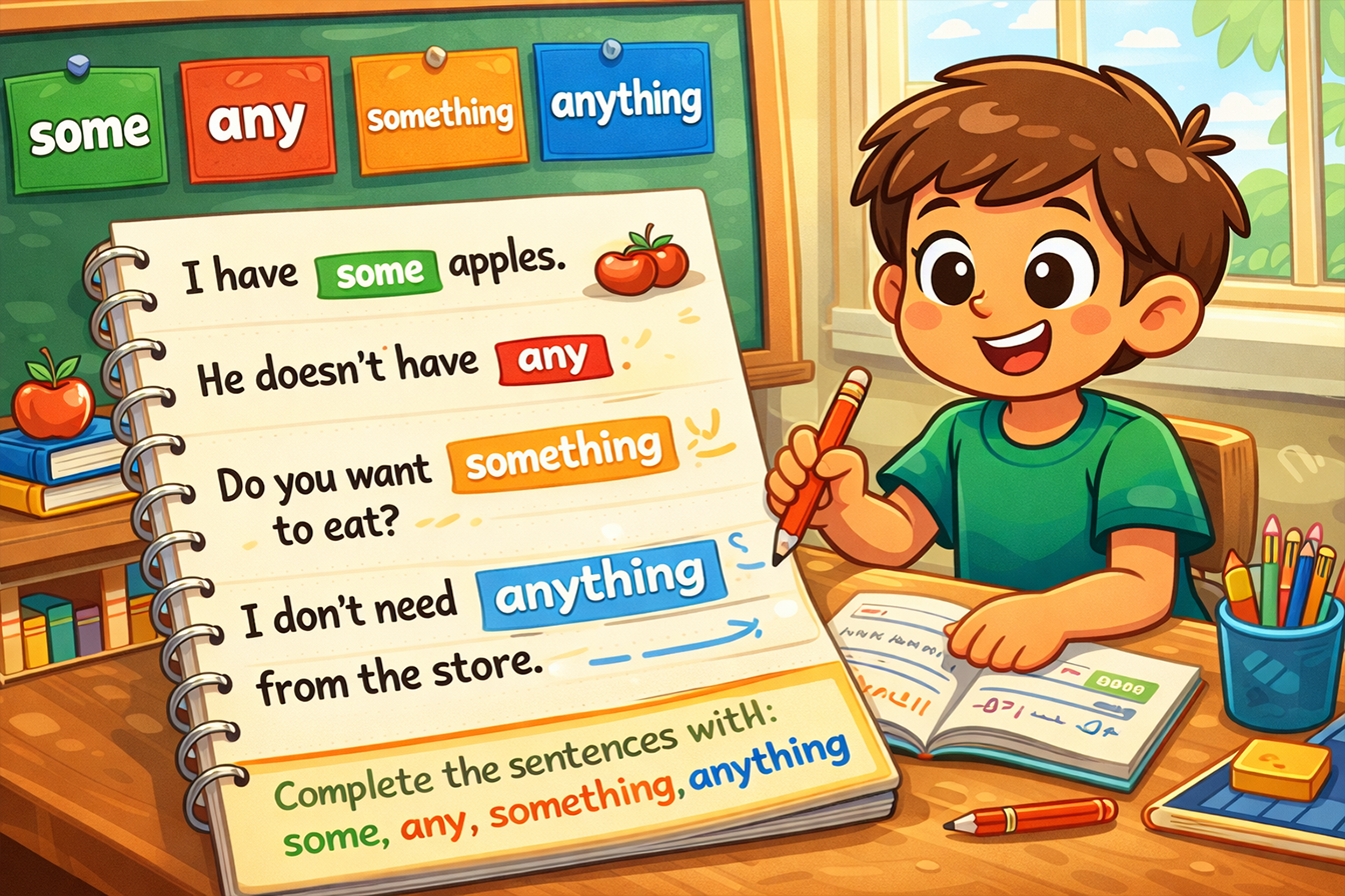 Image représentant un enfant ou étudiant complétant des phrases avec some, any, something et anything sur un tableau ou un carnet, style clair, ludique et éducatif, illustrant un article de grammaire anglaise pour enfants ou adolescents.