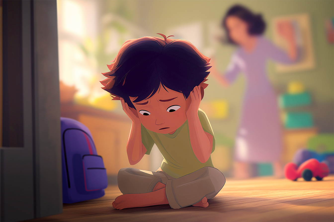 Un enfant se bouche les oreilles pour ne pas écouter sa mère qui crie derrière lui