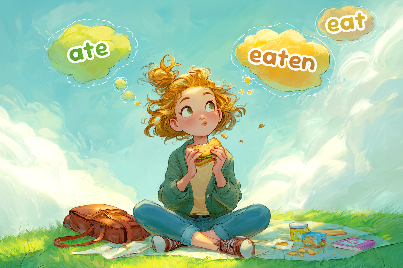 Une petite fille est assise sur une pelouse, en train de manger un sandwich. Au-dessus de sa tête, trois bulles contiennent les trois formes du verbe « to eat » : eat, ate, eaten.