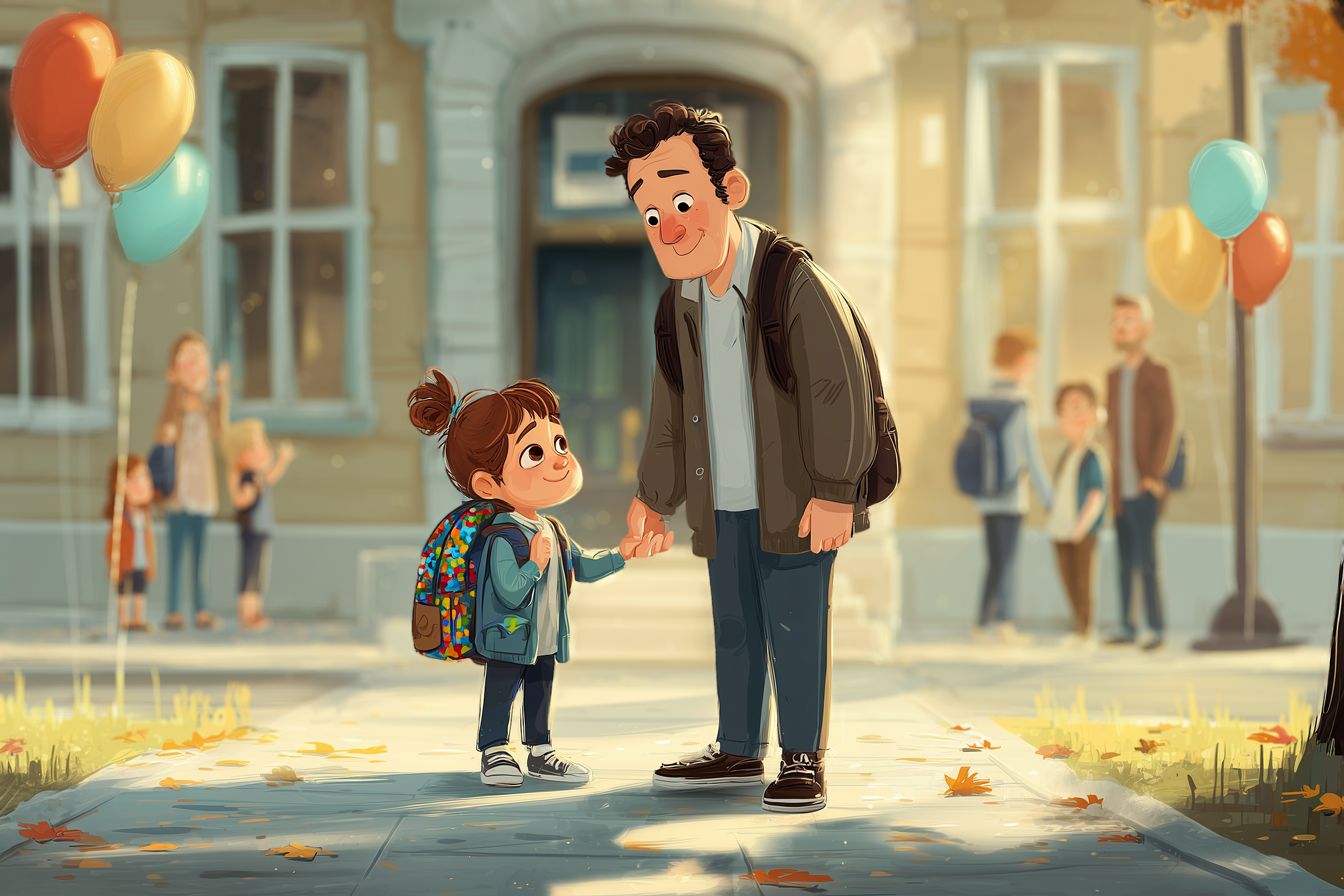 un papa accompagne son jeune enfant à son premier jour d'école