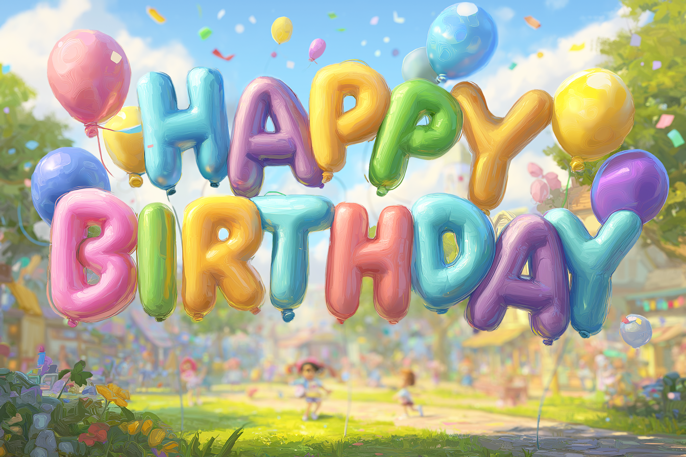 une formule d'anniversaire happy birthday est écrite avec des ballons colorés
