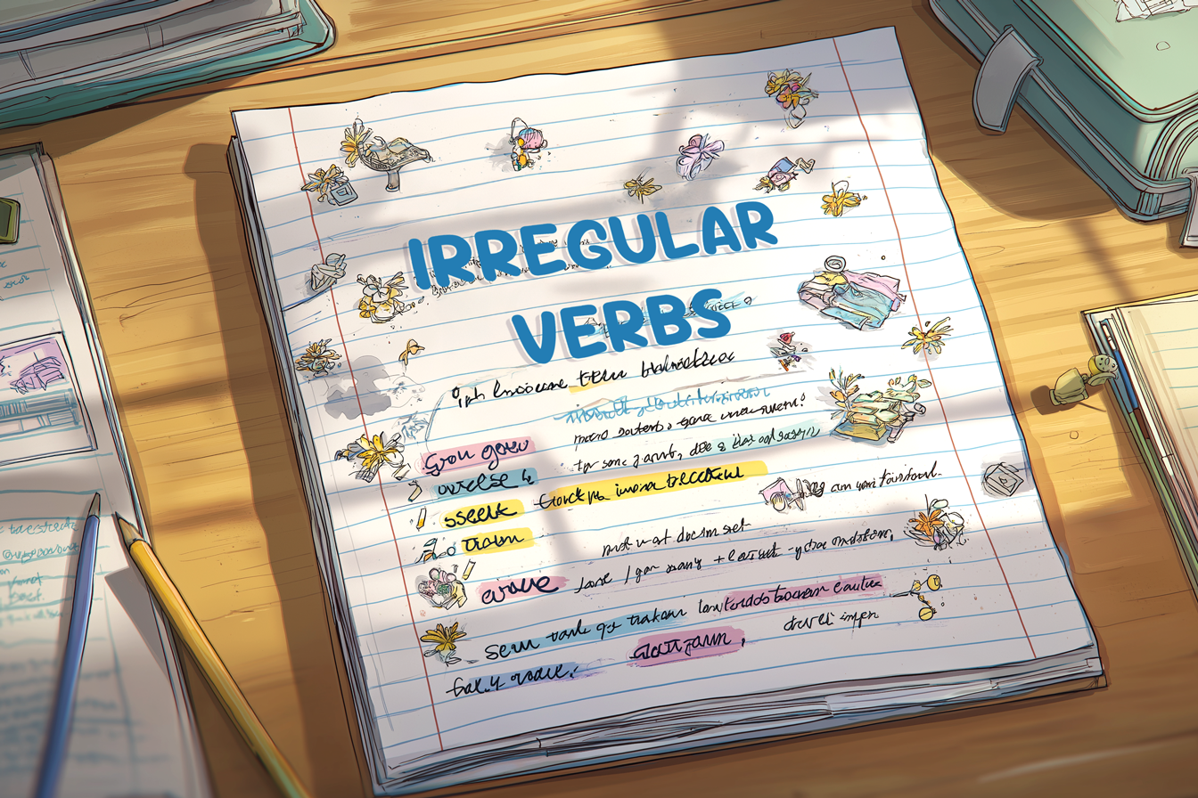 il est écrit sur une feuille de papier « les verbes irréguliers en anglais ».
