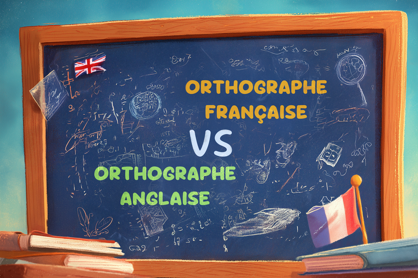 Il est écrit à la craie sur un tableau noir d'école « Orthographe anglaise vs. Orthographe française ».