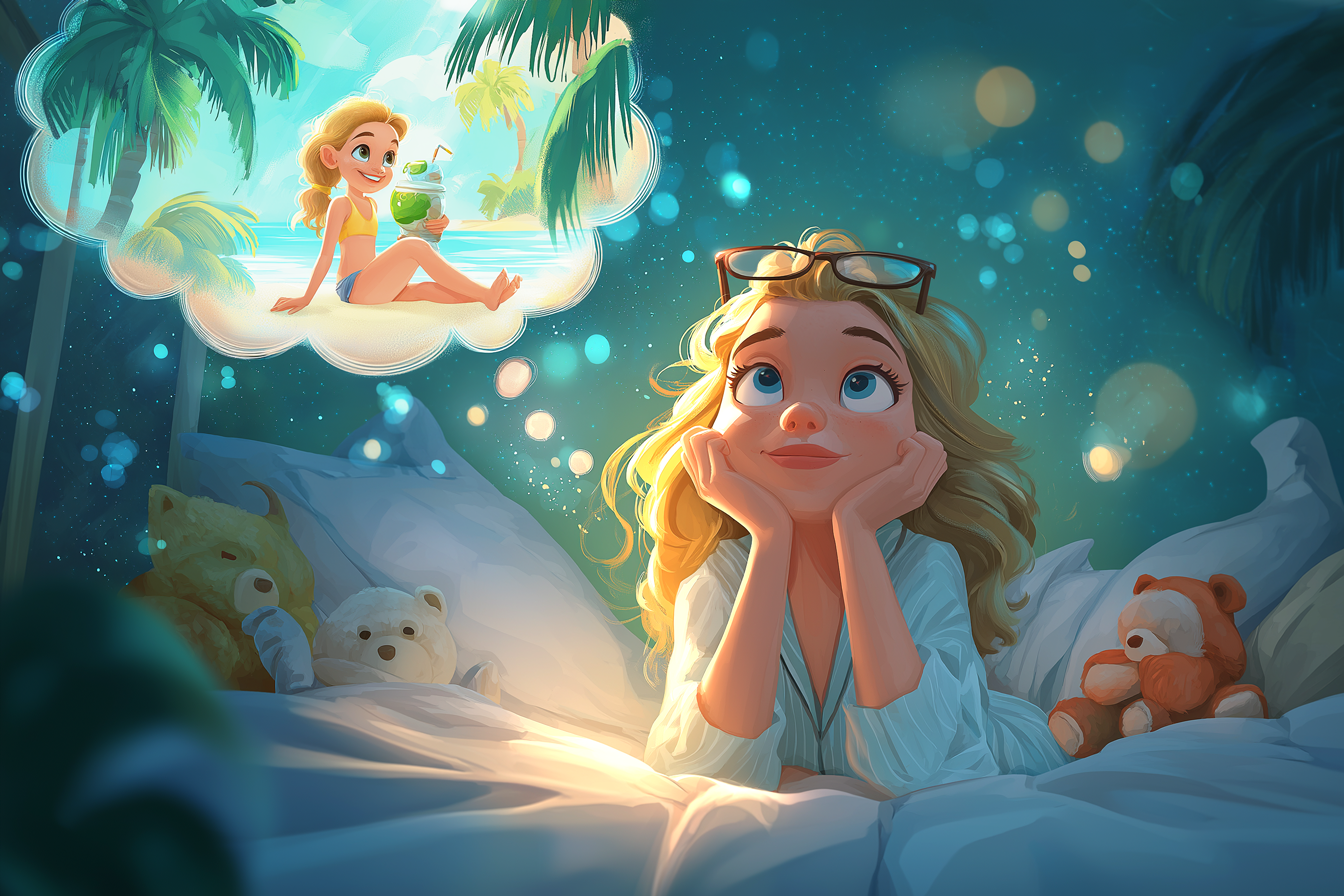 Une illustration représentant le futur continu en anglais : on y voit une fille en train d'imaginer ce qu'elle fera le lendemain. Dans une bulle au-dessus de sa tête, on la voit en train de se bronzer sur une plage tropicale.