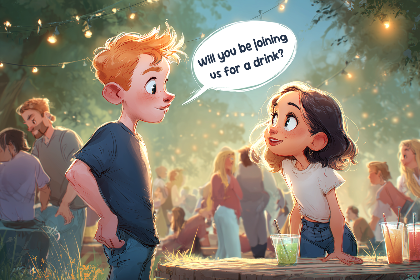 Illustration de la phrase au temps Future Continuous Will you be joining us for a drink? Un garçon est en train de parler à une fille. En arrière-plan, on voit un groupe de jeunes qui boivent des boissons gazeuses.