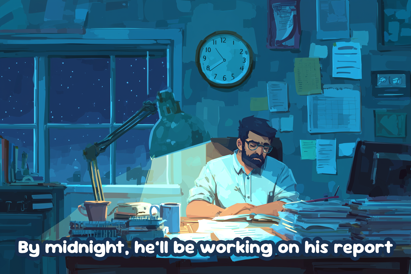 Illustration de la phrase au Present Conitnuous: By midnight, he’ll be working on his report.