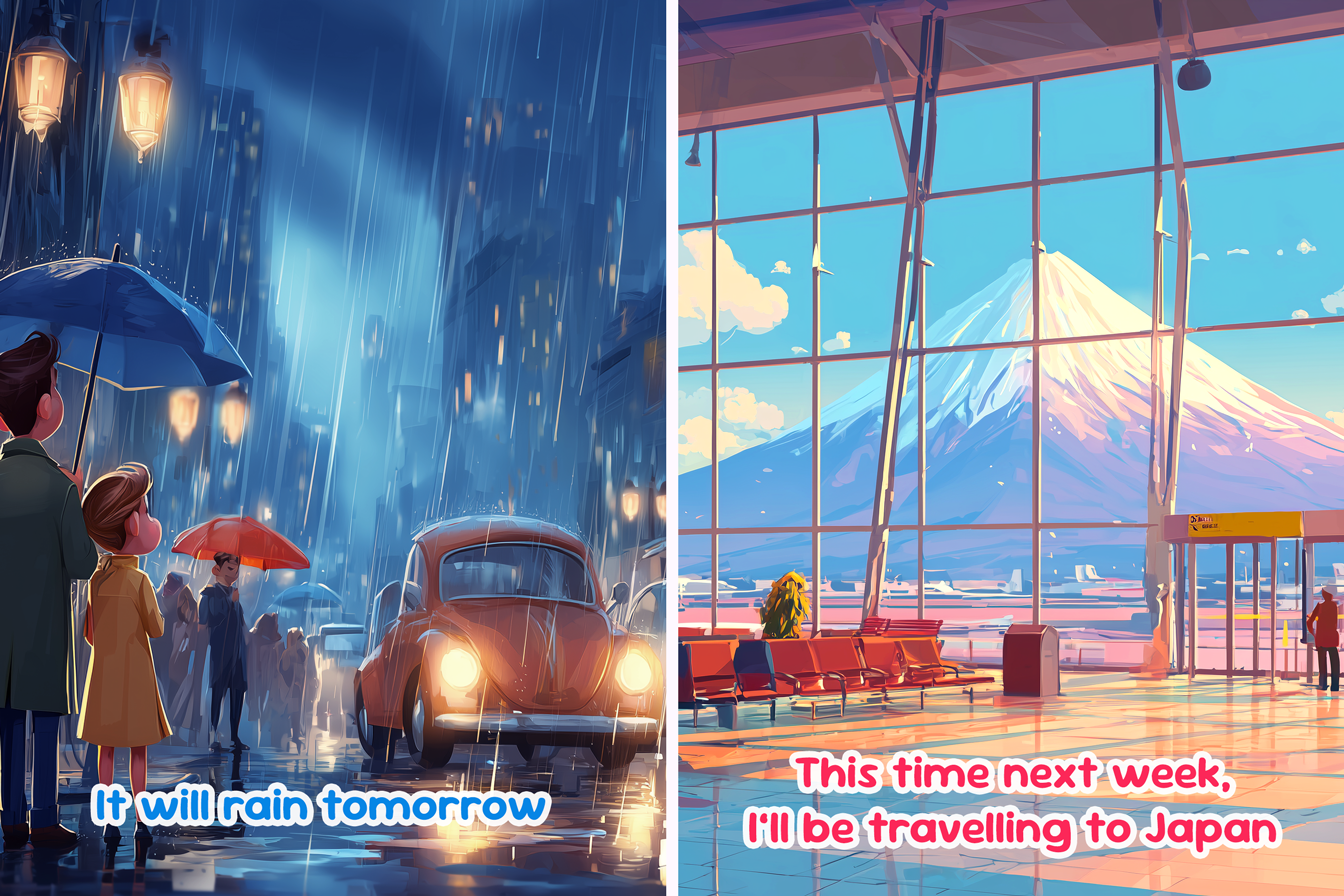L'image est divisée en deux parties. À gauche, une illustration de la phrase « It will rain tomorrow ». À droite : Illustration de la phrase : « This time next week, I’ll be travelling to Japan. »