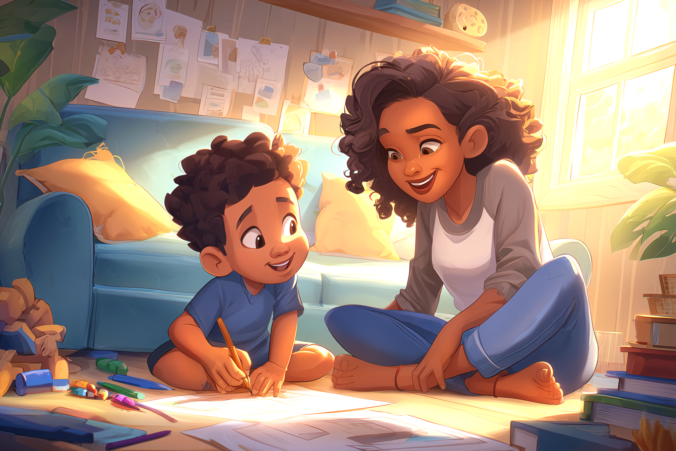Un enfant d'environ 7 ans est en train de dessiner sous le regard affectueux de sa mère. Il est en train d'apprendre le future continuous de manière amusante.